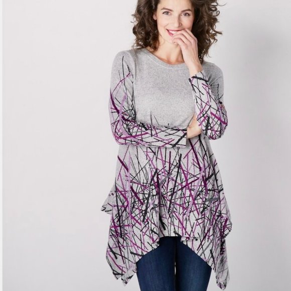 NWT Orange Fashion Village Gray Printed Asymmetric Sweater Tunic - Picture 2 of 11